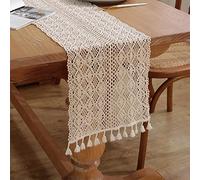 meioro Crochet Table Runners, 26x140cm Lace Table Runner Classic Beige Wedding Tablecloth Vintage Tassel Table Cover for Kitchen Dining Holiday Party Decoration