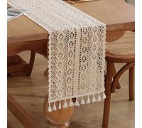 meioro Crochet Table Runners, 26x220cm Lace Table Runner Classic Beige Wedding Tablecloth Vintage Tassel Table Cover for Kitchen Dining Holiday Party Decoration