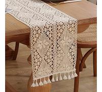 meioro Crochet Table Runners, 30x140cm Lace Table Runner Classic Beige Wedding Tablecloth Vintage Tassel Table Cover for Kitchen Dining Holiday Party Decoration