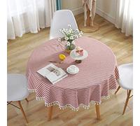 meioro Round Tablecloth Round Tablecloth with Striped Tassels Table Protector Linen Table Skirt Kitchen Dining Table (Red/White Stripes, Diameter 120 cm)