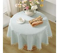 meioro Round Tablecloth Solid Color Tablecloths Tassel Table Cover Cotton Table Cover Multi-Purpose Indoor and Outdoor(Green/White Stripes/White Stripes(Green/White Stripes,Diameter 120cm)