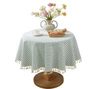 meioro Round Tablecloth Solid Color Tablecloths Tassel Table Cover Cotton Table Cover Multi-Purpose Indoor and Outdoor(Green/White Stripes/White Stripes(Green/White Stripes,Diameter 120cm)