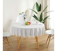 meioro Round Tablecloths Cotton and Linen Table Cloth Tassel Circle Tablecloth Dust Proof Table Cover Suitable for Indoor Outdoor Dining Table (Diameter 120cm, White and Blue)
