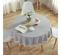 meioro Round Tablecloths Striped Fringe Tablecloth Cotton Linen Table Cover Suitable for Home Kitchen Decoration,Various Sizes (Blue/White Stripes,Diameter 150cm)