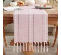 meioro Rustic Table Runner with Tassels, 33x123cm Farmhouse Boho Table Runners Braided Striped, Linen Polyester Table Decoration for Dining Party Holiday and Wedding (Pink)
