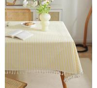 meioro Striped Tassel Table Cloth Rectangular Tablecloth, Apricot,220×140cm | Cotton Blend Table Cover, Yellow and White Gingham Tablecloths, Washable Outdoor Table Protector for Boho Farmhouse Dining