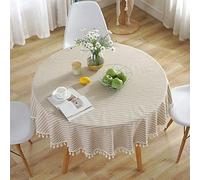 meioro Striped Tassel Table Cloth Round Home Tablecloth, Apricot, R150cm | Cotton Blend Table Cover, Apricot and White Gingham Tablecloths, Washable Outdoor Table Protector for Boho Farmhouse Dining