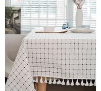 meioro Tablecloth Table Cover Cloth White and blue plaid tablecloths Mediterranean style Fresh and artistic cotton and tassel tablecloths Rectangular coffee table tablecloths(Blue and White,90×90cm)