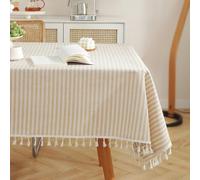 meioro Tablecloths Striped Tassel Table Cloth Rectangular Tablecloth Cotton Linen Table Cover Suitable for Home Kitchen Decoration (Apricot/White Stripes, 130×180cm)