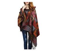 MeiPing Women's Fashion Croissant Button Bohemian Fringe Blended Cashmere Hooded Cape, Coffee 1, One Size Plus