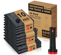 MEIQIHOME 10 Pack PackEase Travel Vacuum Bags 1500mAh Wireless Pump, 80% Compression Space Saver for Luggage, Clear P PE Reusable Seal Bags for Clothes, Portable Electric Air Pump for Travel & Home