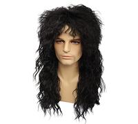 MEIRIYFA Men's 80s Wig Long Curly Wig Black Rocker Punk Wig Mullet Wigs for Halloween Costume Cosplay Party