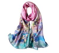 MEISEE 100% Mulberry Silk Long Scarf for Women Large Oblong Sunscreen Shawls Wraps Neck Headscarf Hair Wraps Gift Packed, Pink+blue Flowers, 67*21in