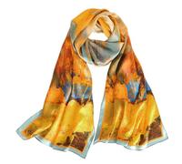 MEISEE 100% Mulberry Silk Long Scarf for Women Large Oblong Sunscreen Shawls Wraps Neck Headscarf Hair Wraps Gift Packed, Yellow Oil Painting, 67*21in