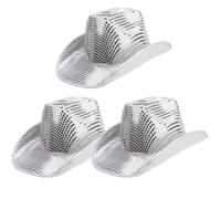 MEISH 3 Pcs Mirrored Cowboy Hat Silver Glitter Cap Reflective Mirrorball Headwear Sparkly Wild West Fancy Dress Wide Brim Cowgirl Balls Hat Party Accessories for Festivals Halloween Cosplay