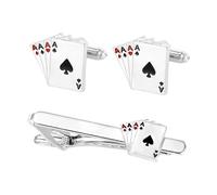 MEISH 3 Pcs Poker Playing Cards Cufflinks and Tie Clip Sets Box-Four Aces 4A Design Alloy Tie Pin Elegant Cuff Links Exquisite Business Shirt Studs Tuxedo Silver Plated Dainty Men's Suits Accessories