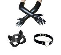 MEISH 3 Pieces Women Leather Cat Accessories Black Leather Mask Love-Shaped Collar Black Tight Leather Gloves Cosplay Costume Props Halloween Party Masquerade Accessories