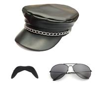 MEISH 3Pcs Macho Man Accessory Set Black Biker Hat Man Glasses Stick On Fake Mustache Dress Up Costume Accessories for Man
