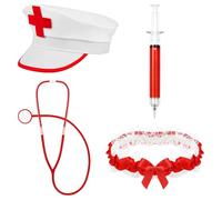 MEISH 4 Pcs Nurse Costume Set White Nurse Hat Red Stethoscope Pen Syringe Lace Garter Belt Doctor Accessories Medical Outfit Dressing Up Prop Halloween Costume for Party Role Play
