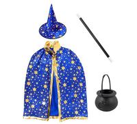 MEISH 4 Pcs Wizard Cape Witch Hat Magician Costume with Golden Stars Pattern Black and White Plastic Magic Wand Plastic Cauldron Halloween Costumes Set for Kids Children Cosplay Props（Blue）
