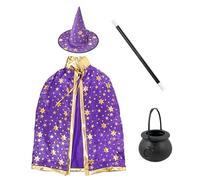 MEISH 4 Pcs Wizard Cape Witch Hat Magician Costume with Golden Stars Pattern Black and White Plastic Magic Wand Plastic Cauldron Halloween Costumes Set for Kids Children Cosplay Props（ Purple）