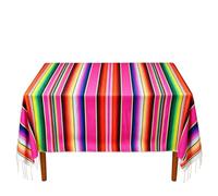 MEISH Mexican Blanket Rainbow Colours 150 * 215cm Striped Tablecloth Pom Pom Tassel Rectangular Table Cover Polyester-Cotton Table Runners Cinco De Mayo Fiesta Party Decoration for Birthday BBQ