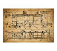 Meishe Art Antique Train Mechanical Vintage Poster Print Blueprint Structural Drawing Illustration Showing the Basic Structure Construction of a Schematic Diagram Wall Decor(30cm x 45cm)