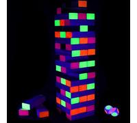 MEISHUNUK 54-Piece Glow-in-the-Dark Tumbling Tower Game | with Blacklight Reactive Indoor/Outdoor Family Board Game for Kids & Adults | Fun for Family Games Night & Parties