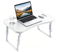 MeisterPro Laptop Table Height Adjustable, White | Foldable Bed Desk, Cup Holder & Phone Slot, Portable Lap Tray for Working, Eating, and Reading, 60 x 40 x 25-31 cm