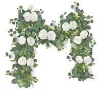 MEIVINES 2PCS 6.2FT Artificial Eucalyptus Flower Garland with White Roses Fake Flower Garlands Silk Peonies Greenery Vines Faux Flowers Spring Garland for Wedding Arch Table Centerpiece Home Decor