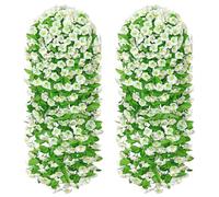 MEIVINES 2PCS Artificial Hanging Flowers Fake Flowers Trailing Plants Faux Silk Morning Glory Vines UV-Resistant Fake Hanging Plants for Outside Home Indoor Porch Patio Balcony (White)
