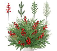 MEIVINES 60PCS Artificial Pine Branches Christmas Pine Needles with Red Berry Stems Artificial Greenery Norfolk Pines Stems Sprigs Fake Foliage Pines Needles Picks for DIY Christmas Wreath Home Decor
