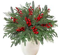 MEIVINES 60PCS Christmas Artificial Pine Branches with Red Berry Stems 13Inch Christmas Foliage Picks 3 Styles Real Touch Norfolk Pine Stems Fake Greenery Sprigs for DIY Craft Wreath Home Decor