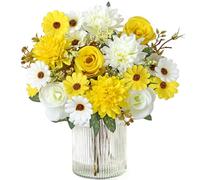 MEIVINES Artificial Flowers Artificial Rose Silk Flowers 2 Bunches Faux Rose Daisy Flower Bouquet for Wedding Party Table Centerpieces Floral Arrangement Home Kitchen Decor (White Yellow, 2PCS)