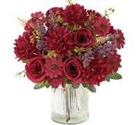 MEIVINES Artificial Flowers Artificial Rose Silk Flowers 4 Bunches Faux Rose Daisy Flower Bouquet for Wedding Party Table Centerpieces Floral Arrangement Home Kitchen Decor (Burgundy, 2PCS)
