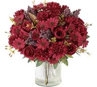 MEIVINES Artificial Flowers Artificial Rose Silk Flowers 4 Bunches Faux Rose Daisy Flower Bouquet for Wedding Party Table Centerpieces Floral Arrangement Home Kitchen Decor (Burgundy, 4PCS)