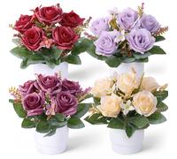 MEIVINES Artificial Flowers in Pots 4Pcs Small Fake Plants with Pot | Artificial Plants Indoor Outdoor Faux Silk Roses Faux Potted Plants for Graves Home Kitchen Office Garden Decor