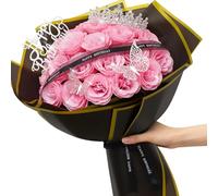 MEIVINES Artificial Rose Flowers Bouquet Fake Flowers 24PCS Glitter Roses Bouquet with Stem DIY Wrapped Sparkly Roses Bouquet with Crown Card 3D Butterfly for Gifts Valentine's Day (Pink)