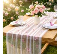 MEIVINES Gauze Table Runner 75x300cm White Table Cloth Sheer Cheesecloth Table Runner Wedding Table Decoration with Pearl and 3D Butterfly Lace Tablecloth for Bridal Shower Birthday Party Dining Table