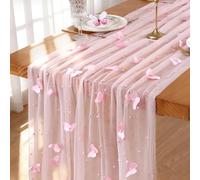 MEIVINES Pearl Pink Gauze Table Runner 75x300 cm Sheer Cheesecloth Table Runner Lace Tablecloth Table Decoration with Pearl and 3D Butterfly for Birthday Party Dining Table (Pink, 75×300 cm)