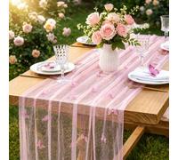 MEIVINES Pink Gauze Table Runner 75x300cm Sheer Cheesecloth Table Runner Wedding Table Decoration with Pearl and 3D Butterfly Lace Tablecloth for Bridal Shower Birthday Party Dining Table