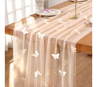 MEIVINES Table Runner Beige 75x300 cm Sheer Cheesecloth Table Runner Lace Tablecloth Table Decoration with Pearl and 3D Butterfly Gauze Table Runners for Birthday Party Dining Table (Champagne)