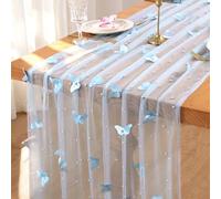 MEIVINES Table Runner Blue 75x300 cm Sheer Cheesecloth Table Runner Lace Tablecloth Table Decoration with Pearl and 3D Butterfly Gauze Table Runners for Birthday Party Dining Table