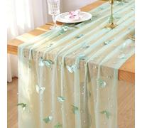 MEIVINES Table Runner Green 75x300 cm Sheer Cheesecloth Table Runner Lace Tablecloth Table Decoration with Pearl and 3D Butterfly Gauze Table Runners for Birthday Party Dining Table
