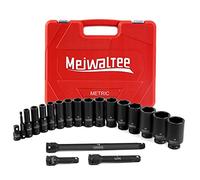 Meiwaltee 1/2" Drive Deep Impact Socket Set, 20PCS Metric10-24mm Socket Assortment Include 3'' 5'' 10'' Extension Bar,Cr-MO Steel with Black Phosphate Coating