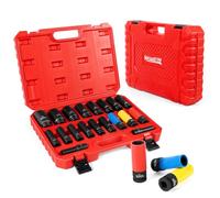 Meiwaltee 1/2 Inch Impact Wrench Nut Set 10-32 MM, 19-Piece Impact Socket Set with 3-Piece Alloy Rims Wheel Protector Deep Impact Socket 17-19-21 MM, Cr-Mo | 85 MM Length