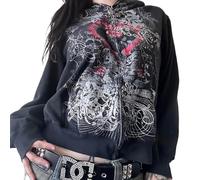 Meiweileya Women's Y2k Grunge Skull Graphic Zip Up Hoodies Emo Goth Skeleton Jacket Long Sleeve, A-black, Medium