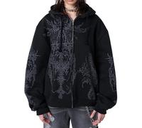 Meiweileya Women's Y2k Grunge Skull Graphic Zip Up Hoodies Emo Goth Skeleton Jacket Long Sleeve, Pitch-black, Large