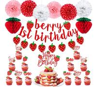 MEIWUTIE Berry First Birthday Decor,23 Pcs Strawberry First Birthday Decorations Contains Banners, Paper Pom Poms for Baby Shower and Strawberry Party Decorations