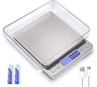 MEIYA Digital Gram Scale 1000g/0.01g, Multi-Function, Silver, Stainless Steel, USB Charging, 9 Units, 2 Tray, Tare Function, Food Scale